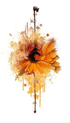 an artistic painting of a sunflower with orange and yellow paint splatters on it