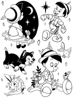 Pinocchio Art Illustration, Tattoo Stencils Disney, Disney Flash Art, Disney Tattoo Flash Sheet, Disney Flash Sheet, Pinocchio Tattoo Ideas, Disney Black And White Tattoo, Disney Tattoo Stencils, Disney Tattoo Drawings