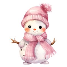 a snowman wearing a pink hat and scarf with pom - poms on it's head