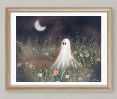 a painting of a ghost in the grass with flowers and a half moon behind it