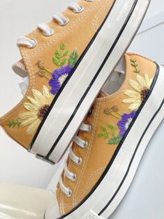 PLEASE NOTE ESTIMATED SHIPPING DATES BELOW LISTING INFORMATION Hand embroidered branded or non branded shoes Option to embroider onto pre owned or new shoes. SHOE OPTIONS   If I am buying the shoes, provide the shoe size and confirm whether it is EU, UK or US (men's/women's) sizes. The shoes in the photo are sunflower yellow in shade but this design will work with a white shoe as well or any other shade.  If you are sending shoes to me then I will provide my postal address once you have placed y Embroidery Shoes Diy, Wedding Vans, Custom Wedding Shoes, Wedding Converse, Branded Shoes, Wedding Sneakers, Authentic Vans, Hey Dudes, Custom Converse