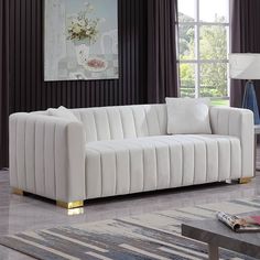 Amazon.com: GNIXUU Velvet sofa couch, 87” channel tufted 3 seater sofa couch with 2 Pillows, Square Arms & Gold Metal Legs for living room, bedroom, Apartment(White) : Home & Kitchen White Sofa Living Room Modern Pillows, White Tuffed Sofas, Modern Glamour Living Room Sofas, Cream Leather Sofa Living Room The Home Depot, Living Room Sofa 3+2, Grandin Road London Sofa, 3 Seater Sofa Living Rooms, Champagne Velvet Sofa Living Rooms, Velvet White Sofa