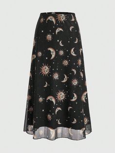 Women's Sun, Moon, Stars And Constellations Skirt With Sheer Mesh Fabric Black Casual   Mesh Fabric Galaxy A Line High Stretch  Women Clothing, size features are:Bust: ,Length: ,Sleeve Length: Starcore Clothes, Plus Size Alt Fashion, Star Skirt, Stars And Constellations, Overlay Skirt, Sun Moon Stars, Women Skirts, Moon Stars, Shorts With Tights