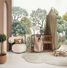 a baby's room with a crib and trees on the wall