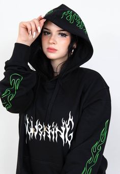 "Black hoodie with a white \"BURNING\" print on front and green flames on hood and sleeves. The model is 167 cm tall and wears size XL. JOIN US ON INSTAGRAM 🌹 http://instagram.com/blvck.pl 🏷 PRODUCT DETAILS 🏷 Hand-printed Unisex 80% High-quality Cotton 20% Polyester Made in Poland 📏 SIZING & FIT 📏 All our sweatshirts and T-shirts are unisex. Measurements (width/length) S - 54/67 cm (21\"/26\") M - 57/69 cm (22.5\"/27\") L - 60/71 cm (23.5\"/28\") XL - 63/73 cm (25\"/29\") XXL - 65/76 cm Black Y2k Hoodie For Winter, Black Hip Hop Hoodie For Casual Wear, Halloween Streetwear Hoodie, Black Hip Hop Hoodie For Alternative Fashion, Y2k Streetwear Hoodie With Drawstring Hood, Black Y2k Hoodie For Streetwear, Black Y2k Long Sleeve Hoodie, Black Cotton Y2k Hoodie, Y2k Black Cotton Hoodie