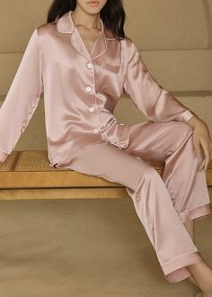 Piped Silk Pajama Set Elegant Solid Color Sleepwear, Fancy Pijama, Silk Pjs Aesthetic, Silk Pajamas Aesthetic, Princess Pjs, Fancy Pjs, Preppy Pjs, Birthday 14th, Pink Silk Pajamas