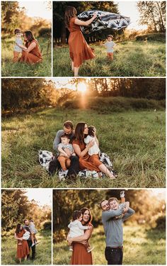 a collage of photos with people in the grass and one person holding a baby