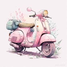 a pink scooter parked on the side of a road next to some flowers