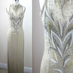 "There is actually a jacket that comes along with this..that is also quite stunning. Fabulous dress for a wedding. long high necked gown with beautifully beading silver, gold, ivory and silver..just outstanding. Excellent condition Dress: Measuring: 59\" long Bust: 36\"+ 38 Waist: 30\" Hip: 36\"+ 38\" (some stretch in the bust and hip) Jacket Measuring: 30\" length Width: 40\" Sleeves: 24\" There are shoulder pads in this Beautiful beaded jacket Pet Free/smoke free Enjoy!" Queen Clothes, High Neck Gown, Dress For A Wedding, Fabulous Dress, Queen Outfit, Sequin Dresses, Clothing Design Sketches, Beaded Jacket, Beaded Gown