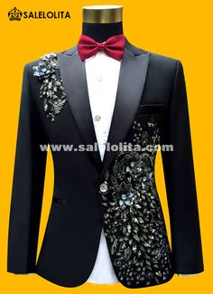 Black Festive Tuxedo Suit, Tailored Black Embroidered Sets, Black Long Sleeve Tuxedo For Party, Tailored Black Embroidered Suits, Black Embroidered Long Sleeve Suit, Formal Black Sequin Set, Black Sequined Formal Set, Black Sequin Sets For Formal Occasions, Formal Black Sets With Floral Embroidery