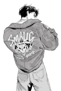 a drawing of a man with his back to the camera, wearing a hoodie