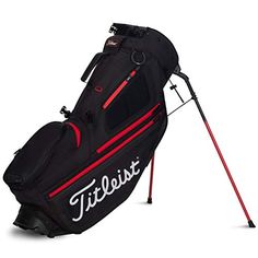 the titleist golf stand bag is shown in black with red accents and white lettering