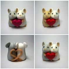 four different pictures of two mice holding a heart