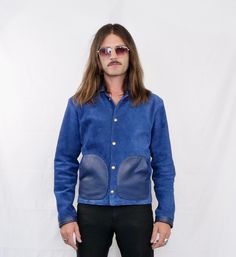 OZEN custom made blue suede all season jacket . Jacket is custom made to order to your measurements and size. Custom colors are available upon request. Artisan made from highest quality hides with attention to detail. Solid brass snaps with 100% cotton lining fabric.  Handmade in Los Angeles CA by musician and designer Aykut Ozen. Blue Suede Jacket, Indigo Denim Button-up Jacket With Snap Buttons, Luxury Washed Blue Garment-washed Denim Jacket, Pre-washed Denim Blue Cotton Outerwear, Luxury Garment-dyed Long Sleeve Denim Jacket, Blue Suede, Lining Fabric, Angeles, Custom Made