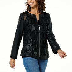 Colleen Lopez Faux Leather and Mesh Jacket - 20852639 | HSN Modern Outerwear For Spring Layering, Chic Leather Outerwear For Layering, Elegant Fall Outerwear With Zipper Closure, Spring Casual Biker Jacket With Faux Front Pockets, Casual Biker Jacket With Faux Front Pockets For Spring, Spring Faux Leather Long Sleeve Outerwear, Winter Leather Jacket For Layering, Winter Leather Jacket For Casual Wear, Elegant Faux Leather Outerwear For Spring