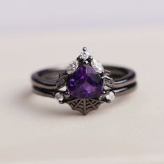 All HANDMADE ITEMS SHIP IN APPROX 8 DAYS  Main Stone: Natural amethyst  Main Stone Size: Trillion cut 6 mm  Main Stone Weight: 0.84 carat Side Stone: CZ Height From The Ring Setting Bottom(to gemstone top): about 4.9 mm Width of Ring band Measure: gradually varied,about 2.14  mm Material: 925 Sterling Silver/14K White Gold/14K Yellow Gold/14k Rose Gold Engraved: Available For  FreeNo more than 13 letters) Customized:Of course! Tell me what you want Includes With Order: All of my store items come with the appropriate packaging ensuring they are ready for gifting upon arrival. Excellent Gift: For birthday, anniversary, holidays, anniversary , graduation, Christmas, Valentine's Day, Mother's Day,Cocktail Party Suitable Occasion: This elaborate ring is just what you need for you next party or Black Amethyst Jewelry For Formal Occasions, Formal Black Amethyst Jewelry, Black Amethyst Jewelry For Anniversary, Black Amethyst Round Jewelry, Black Amethyst Jewelry, Elegant Rings For Halloween Gifts, Elegant Rings As Halloween Gifts, Elegant Halloween Gift Ring, Black Amethyst Gemstone Ring