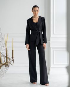 Fabric: Crepe Composition: cotton 65%, polyester 35% Included: jacket, corseted crop top, wide-leg pants and belt Wide-notched lapels High-rise pants Pants length (inseam): 95cm/ 37.5in Color: Black, White, Red, Camel Suits For Women White, Paralegal Outfits, Cocktail Dress Code, Pant Suits For Women, Belt Wide, Winter Suits, Formal Skirt, Cocktail Attire, Belted Pants