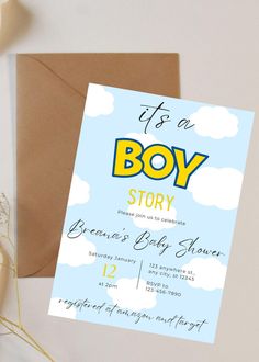 it's a boy story baby shower with clouds and blue sky in the background