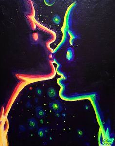 a painting of two people kissing each other with colorful lights on them in the background