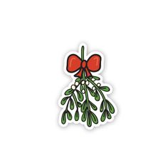 a sticker with a bow and mistle on it's side, in the shape of a christmas tree