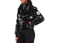 True Religion Shiny Double Collar Puffer - Women's Clothing : Black : Shine in the luxe and comfy True Religion Shiny Double Collar Puffer jacket featuring classic design. Made from an extra warm quilted and weatherproof design. Double collared mock neckline and long sleeves. Zippered and snap closure on the front. Side pockets. Signature horseshoe logo on the sleeve. Cropped hemline. 100% polyester. Machine washable. Imported. Measurements: Length: 19 in Product measurements were taken using si Shiny Puffer Jacket, Horseshoe Logo, Double Collar, Clothing Black, Mock Neckline, True Religion, Puffer Jacket, Snap Closure, Classic Design