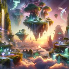 an image of a fantasy landscape with trees and clouds in the sky, surrounded by floating creatures