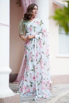 Shop for Atelier Shikaarbagh Blue Beatrice Printed Saree With Blouse for Women Online at Aza Fashions Blue Floral Saree, Bridal Wedding Outfit, Model Blouse Designs, Sarees For Girls, Simple Saree Designs, Printed Embroidery, Big Floral, Floral Saree, New Saree Blouse Designs