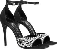 Gucci Collection, Shoes Gucci, Gucci Shoes, Heel Sandals, High Heel Sandals, Black Satin, Leather Trims, High Heel, Black Silver