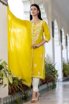 Cotton Yellow Embroidered Chikankari Suit Set Yellow Anarkali Kurta With Floral Embroidery, Yellow Resham Embroidery Sets, Yellow Floral Embroidered Straight Kurta Set, Yellow Resham Embroidered Kurta, Yellow Salwar Kameez With Floral Embroidery, Yellow Sets With Gota Work For Spring, Spring Yellow Sets With Gota Work, Yellow Traditional Wear With Straight Kurta And Floral Embroidery, Yellow Traditional Wear With Floral Embroidery And Straight Kurta