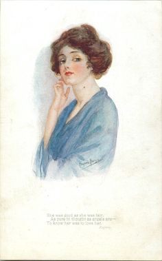 a drawing of a woman with her hand on her chin, wearing a blue dress