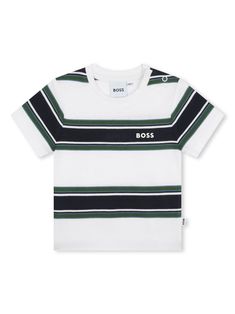 white/green cotton jersey texture horizontal stripe pattern logo print at the chest mini logo tag crew neck button fastening at the shoulder short sleeves straight hem Pattern Logo, Mini Logo, Mini Logos, Logo Tag, Green Cotton, Baby Tshirts, White Green, Stripes Pattern, Logo Print