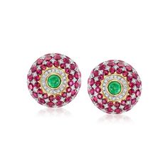 Ross-Simons - C. 1980 Vintage 8.00ct t. w. Ruby, 1.32ct t. w. Diamond, .80ct t. w. Emerald Checkerboard Earrings. C. 1980. Glamorous and attention-grabbing, these compelling Estate collection earrings offer a bold gemstone look that will become the focal point of your outfit! Here, .80 ct. t. w. round emerald cabochons glow amid a gorgeous 8.00 ct. t. w. round ruby and 1.32 ct. t. w. round brilliant-cut diamond checkerboard design. Finely crafted in polished 18kt yellow gold. Clip/post, diamond, Jewelry Presentation, Emerald Birthstone, May Birthday, Emerald Stone, Ruby Diamond, Round Brilliant Cut Diamond, Estate Jewelry, Vintage Watches, Round Brilliant