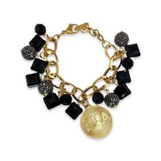 Black Crystal and Pave Charm Bracelet with Accent Charm METAL: Stainless Steel. Plated Charm APPROX. SIZE: Fits 7"-7.5" Wrist Black Crystals, Quality Jewelry, Natural Stones, Silver Gold, Charm Bracelet, Plating, Stainless Steel, Bracelet, Crystals