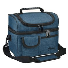 a blue lunch bag with black handles and zippers