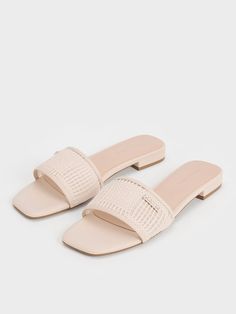 Cream Mesh Knitted Slide Sandals - CHARLES & KEITH US Summer Vacation Mules With Square Toe, Synthetic Block Heel Slides For Beach, Summer Beach Slides With Square Toe, Casual Summer Slides With Block Heel, Casual Block Heel Slides For Summer, Casual Block Heel Summer Slides, Synthetic Square Toe Mules For The Beach, Square Toe Mules For Beach And Summer, Summer Beach Mules With Square Toe