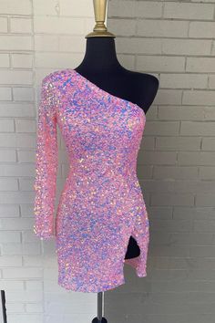 One Shoulder Pink Sequin Bodycon Mini Party Dress with Slit Tea Length Prom Dress, Tiffany Blue Color, Sequin Homecoming Dress, One Shoulder Prom Dress, Tight Mini Dress, Pink Homecoming Dress, Short Homecoming Dress, Sequin Party Dress, Bodycon Fashion