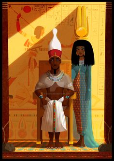 an egyptian man and woman standing next to each other