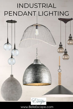 an industrial pendant light fixture is shown with the words, industrial pendant lighting above it