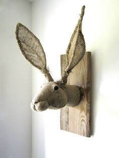 a stuffed animal hanging on the wall next to a wooden hook with netted ears