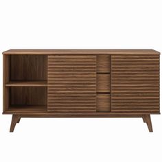 the sideboard is made out of wood and has two open compartments on each side