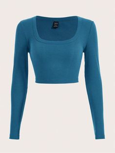 Red Long Sleeve Crop Top, Teal Crop Top, Teal Shirt, Jumper Outfit, Teal Top, Women's Casual Style, Inspiration Mode