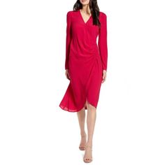 An Asymmetrical Hem Distinguishes A Long- Sleeve Blousy Shoulders. - True Wrap Style With Button Closure - Surplice V- Neck - Long Sleeves - Unlined Tweed Pencil Skirt, Long Sleeve Wrap Dress, Crepe Dress, Asymmetrical Hem, Nordstrom Dresses, Dot Dress, Pink Red, Long Sleeve Sweater, Crossover