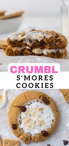 an image of some cookies with cream and chocolate chips on top, and the words crumbl s'mores cookies above it