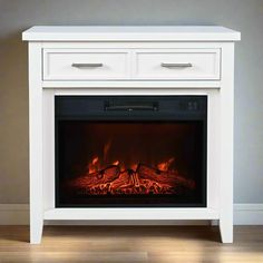 an electric fireplace with fire burning in it's side and two drawers on either side