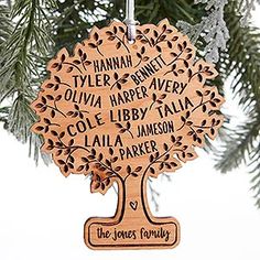 a wooden ornament hanging from a christmas tree with the names of different languages