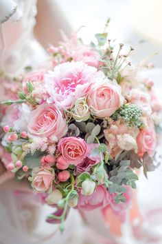 a bride holding a bouquet of pink flowers