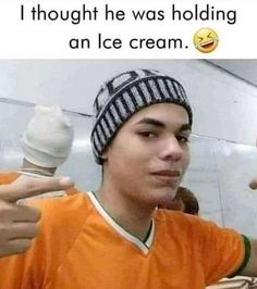 a man with an ice cream cone in his hand and the caption says, i thought he was holding an ice cream