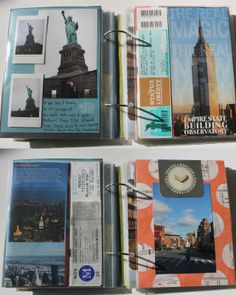 two pages in a travel book with pictures and words on the front, one has an image of the statue of liberty