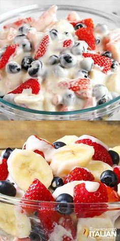 two bowls filled with fruit salad on top of a wooden table