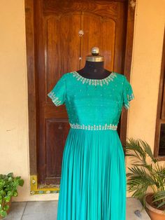 Hand embroidered Anarkali  / green anarkali suit set / green maggam work  anarkali / Indian anarkali/ Indian dresses/ voggish / high neck anarkali dress          Looking for a perfect indian dress/anarkali/suit sets that are trendy, unique and easy to carry !! yess, You are at the right place. we carry such versatile pieces of anarkalis and suit sets that really let you stand out in any occassion !!      featuring this beautiful pure silk dress in green color with hand embroidered on body  and s Maggam Work Dresses, Green Anarkali Set For Party And Festivals, Bollywood Style Green Anarkali Set For Party, Bollywood Style Festive Green Dresses, Bollywood Style Green Dress For Eid, Green Bollywood Dress For Eid, Bollywood Festive Green Dresses, Green Anarkali Set For Party With Traditional Drape, Green Anarkali Set For Eid Party